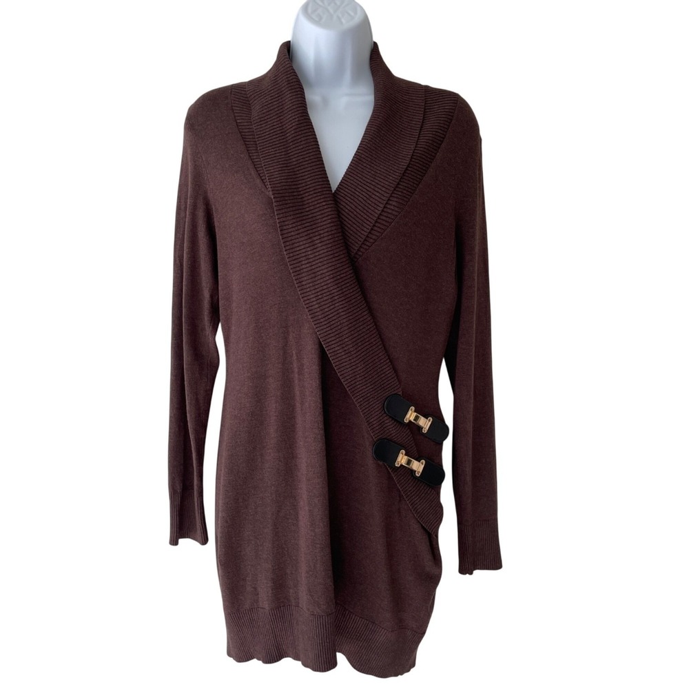 INC Sweater Womens Medium Brown Shawl Collar Buckle Preppy Equestrian